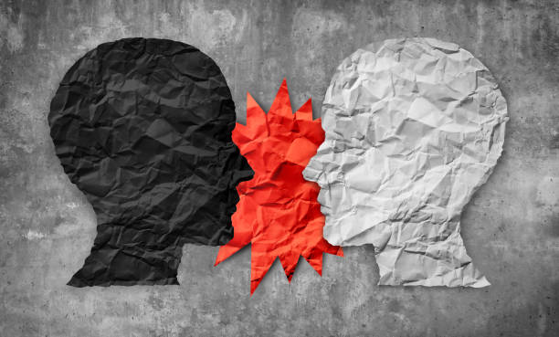 Culture War Culture war between right and wrong or conservative and liberal political clash of ideas as a 3D illustration style. confrontation stock pictures, royalty-free photos & images