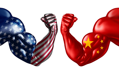 China trade war with USA or United States and American tariffs as a politics conflict with two opposing trading partners as an economic import and exports fight concept in a 3D illustration style.
