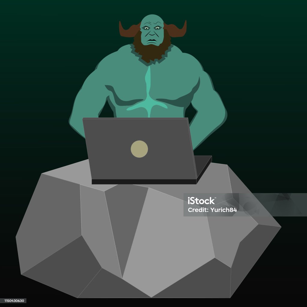 Brawny internet troll, behind the laptop on the big stone Brawny frightening internet troll, behind the laptop on the big stone Online Trolling stock vector