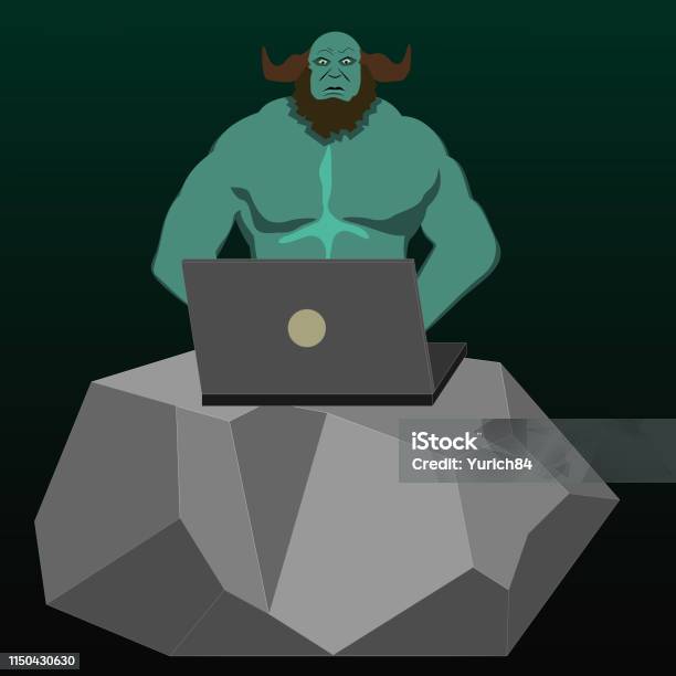 Brawny Internet Troll Behind The Laptop On The Big Stone Stock Illustration - Download Image Now