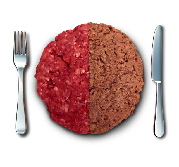 Vegan Burger And Meat Vegan burger and meat as plant based burger and real beef hamburger dinner lifestyle choice with 3D illustration elements. meat substitute stock pictures, royalty-free photos & images