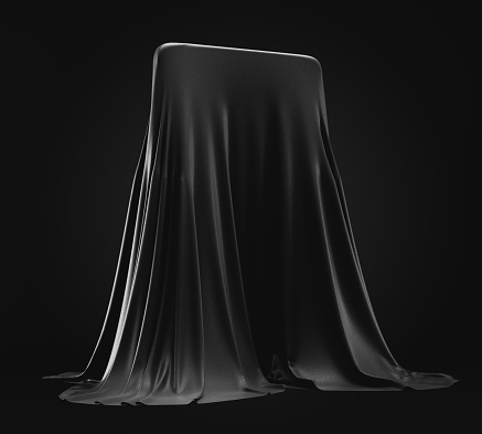 Smartphone design prototype hidden under black cloth cover on dark background. New cellphone or mobile device presentation concept. 3D illustration