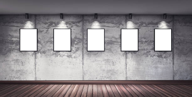 istock Modern concrete gallery room with directional spotlight 1150432421