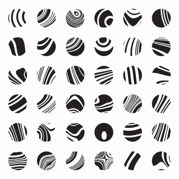 Vector illustration of Vector black and white circle stripes pattern buttons collection for design