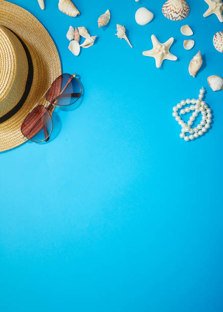 istock Summer holiday accessories branch blue background 1150433693
