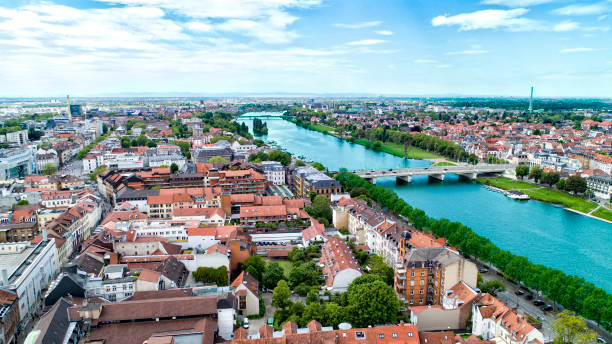 Aerial of Cityscape of Heidelberg, Germany with Neckar River and Bridge Aerial of Cityscape of Heidelberg, Germany with Neckar River and Bridge mannheim stock pictures, royalty-free photos & images