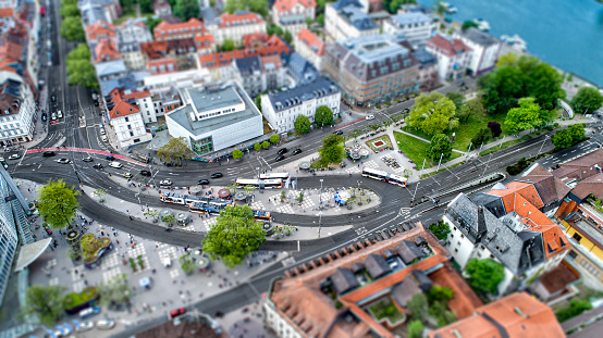 Aerial of Cityscape of Heidelberg, Germany Bismarckplatz with Tilt Shift Effect