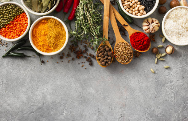 istock Herb and spices rice various beans Top view with copy space on wite backgraund 1150434778