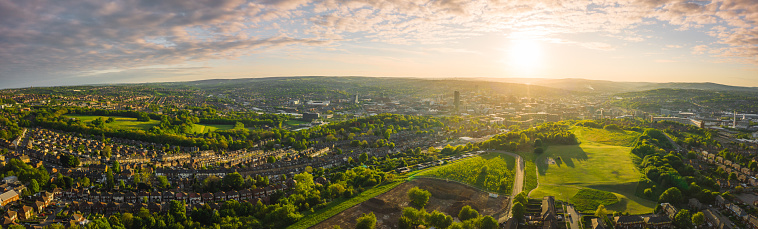 Aerial 12 Panorama of Sheffield City and the surrounding suburbs, South Yorkshire, UK taken at Sunset using a Mavic 2 Pro - May, Spring 2019