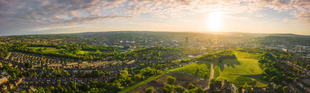 12k Aerial Panorama of Sheffield City, South Yorkshire, UK during Sunset - Spring 2019 Aerial 12 Panorama of Sheffield City and the surrounding suburbs, South Yorkshire, UK taken at Sunset using a Mavic 2 Pro - May, Spring 2019 yorkshire england photos stock pictures, royalty-free photos & images