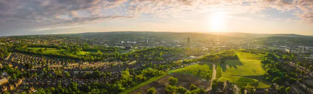Photo of 12k Aerial Panorama of Sheffield City, South Yorkshire, UK during Sunset - Spring 2019