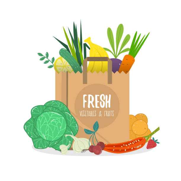 Vector cartoon style illustration of paper bag full of natural organic vegetables and fruits. Vector illustration. fruit clipart stock illustrations