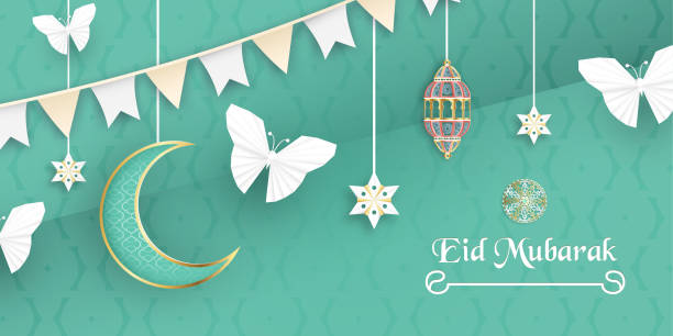 istock Template for Eid Mubarak with green and gold color tone. 3D Vector illustration in paper cut and craft  for islamic greeting card, invitation, book cover, brochure, web banner, advertisement. 1150436397