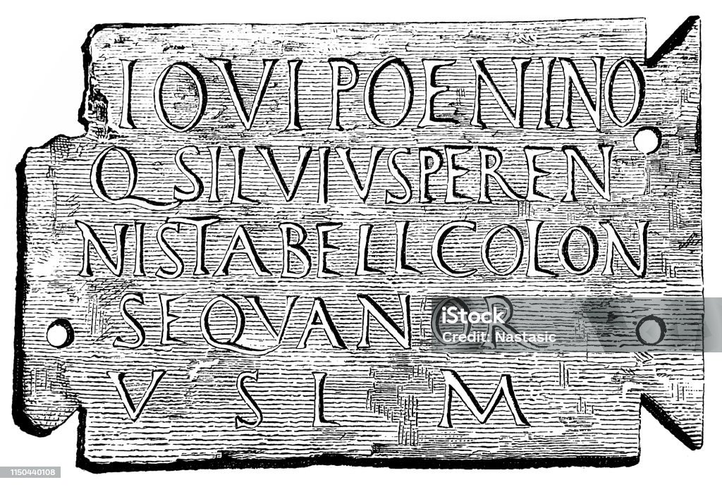 Memorial plaque of imperial officer ,Roman inscription from Vesontio Illustration of a Memorial plaque of imperial officer ,Roman inscription from Vesontio The Past stock illustration