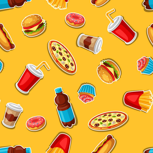 illustrazioni stock, clip art, cartoni animati e icone di tendenza di modello senza cuciture con pasto fast food. gustosi prodotti per il pranzo fastfood. - coffee donut old fashioned snack