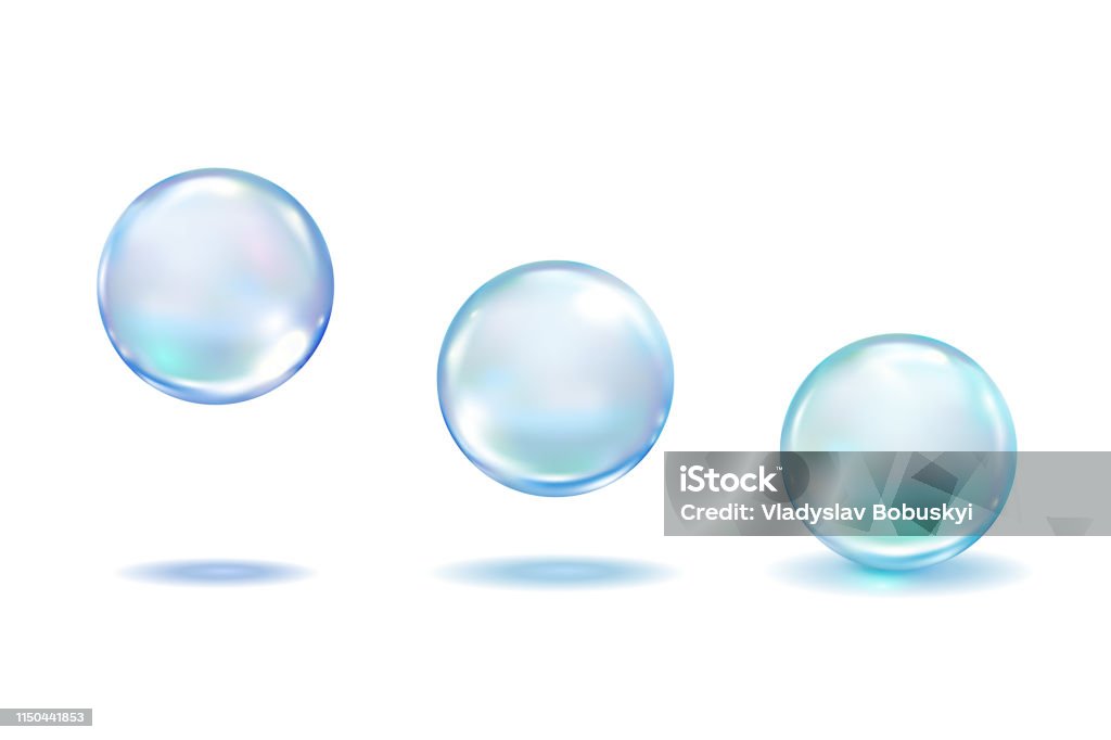 現実的なコラーゲン液滴は、白の背景に分離設定します。現実的なベクトルクリア露、ブルーピュアドロップ、水の泡やガラスボールテンプレート3d ベクトルイラスト - 泡のロイヤリティフリーベクトルアート