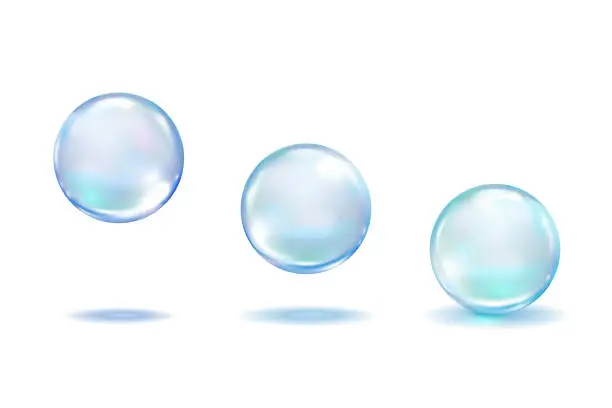 Vector illustration of Realistic Collagen droplets set isolated on white background. Realistic vector clear dews, blue pure drops, water bubbles or glass balls template 3d vector illustration