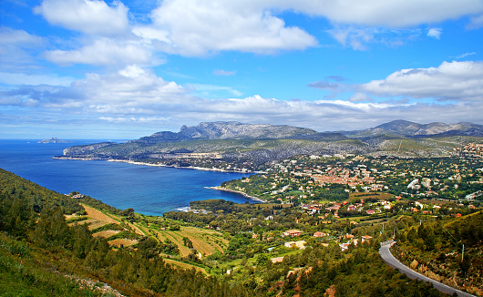 Aerial view of the village near the creeks on the Mediterranean Sea.