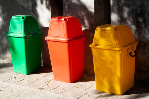 istock Three Bins (Green, Red, Yellow) for Waste separation in the Public Park 1150445197