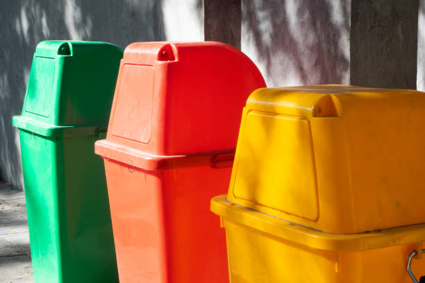 istock Three Bins (Green, Red, Yellow) for Waste separation in the Public Park 1150445392