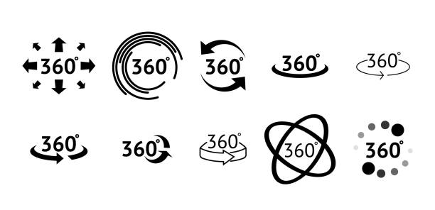 zestaw ikon widoku 360 stopni. znaki ze strzałkami wskazującymi obrót lub panoramy do 360 stopni - level surface level equipment angle stock illustrations