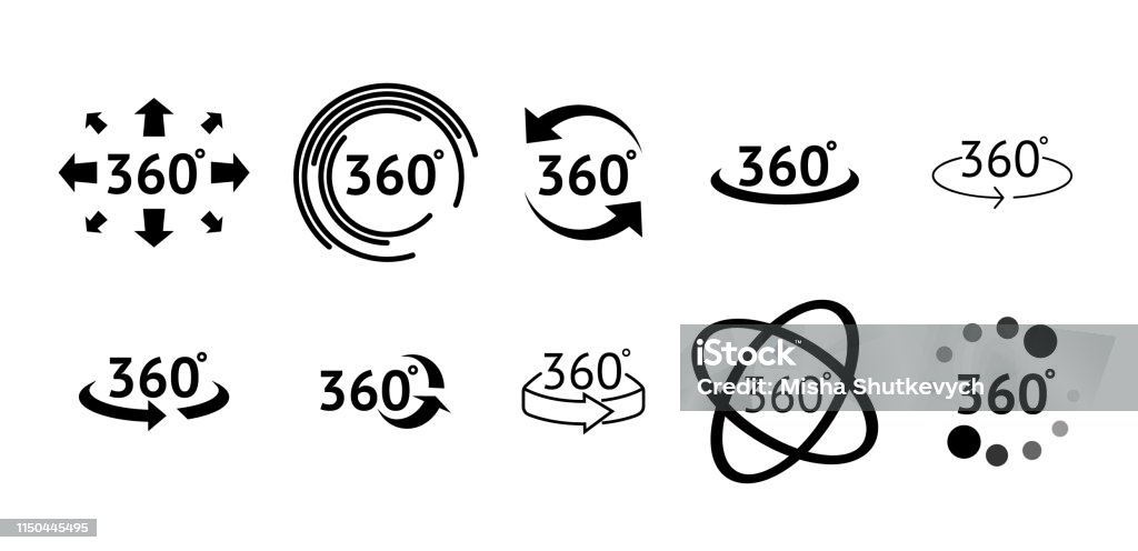 Set of 360 Degree View icons. Signs with arrows to indicate the rotation or panoramas to 360 degrees Tourism stock vector