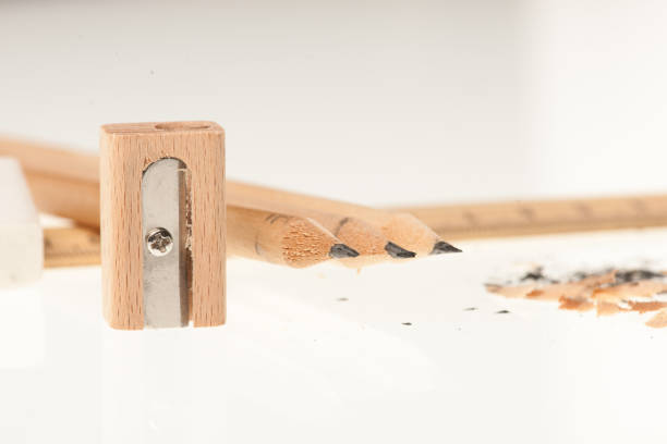 istock Pencil ruler sharpener and eraser isolated over white background 1150453666