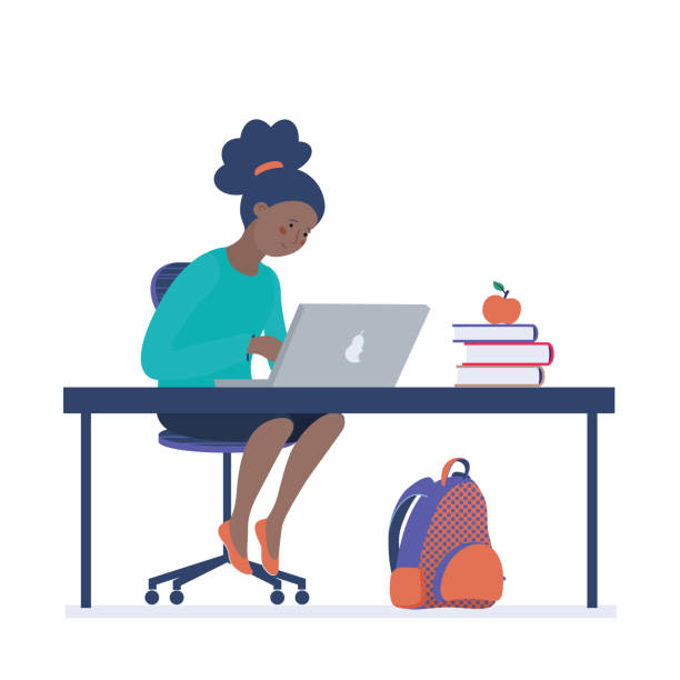 Teenage girk working on computer in classroom Teenage African American black girl working on laptop, coding, learning computer science in classroom, vector illustration isolated on white background. Girl working on computer sitting at the table computer programming desk stock illustrations