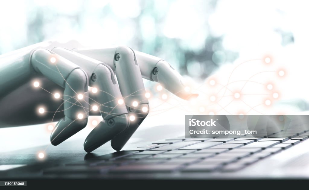 Network technology robot concept or robot hand chatbot pressing computer keyboard enter Artificial Intelligence Stock Photo