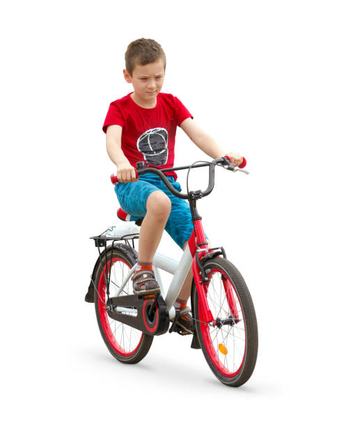 istock Happy boy ride the bicycle. Boy isolated on white background 1150454904