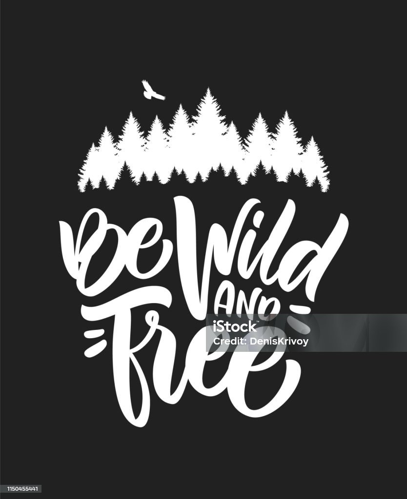 Hand drawn type lettering of Be Wild and Free with silhouette of Pine Forest and Hawk. Brush calligraphy. Vector illustration: Hand drawn type lettering of Be Wild and Free with silhouette of Pine Forest and Hawk. Brush calligraphy. Typography design. Logo stock vector