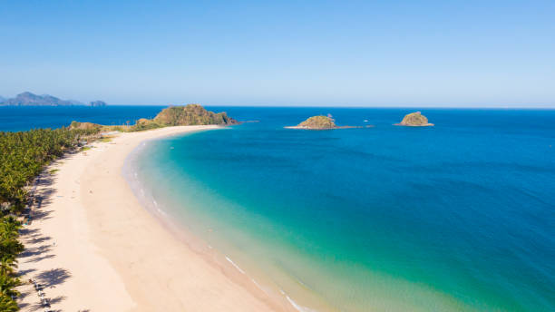 istock Wide tropical beach with white sand and small islands, top view 1150457321