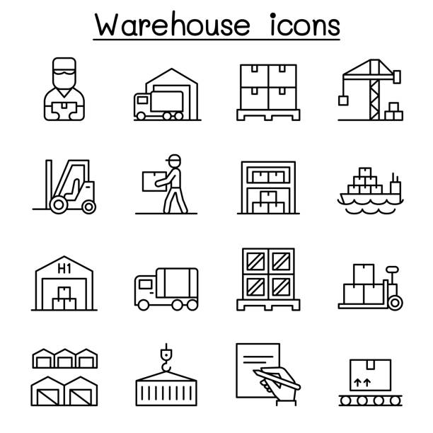 ilustraciones, imágenes clip art, dibujos animados e iconos de stock de almacén, entrega, envío, icono logístico establecido en estilo de línea delgada - almacen