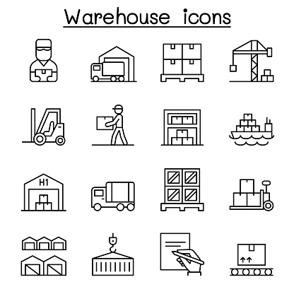 Warehouse, delivery, shipment, logistic icon set in thin line style