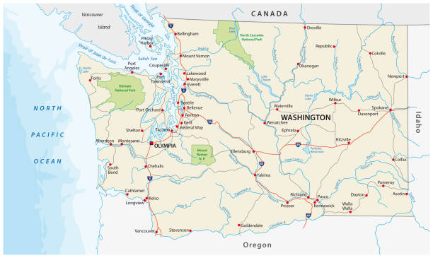 ワシントン州立道と国立公園ベクトル地図 - washington state state map outline点のイラスト素材／クリップアート素材／マンガ素材／アイコン素材