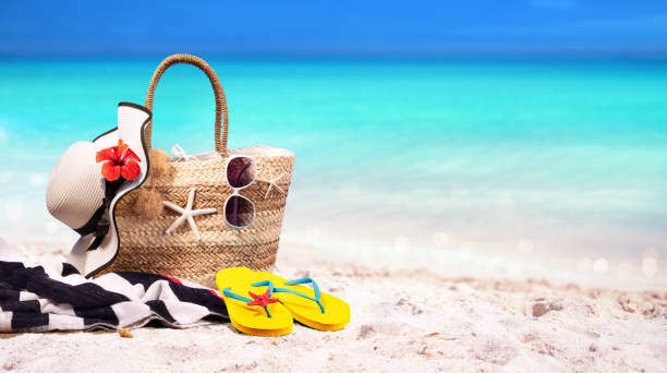 Beach Bag On Seashore - Summer At Sea Summer Vacation - Accessories In Beach Bag beach bag stock pictures, royalty-free photos & images