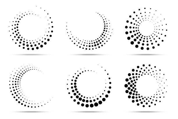 illustrations, cliparts, dessins animés et icônes de ensemble d'encadrements pointillés circulaires en demi-tonalité. points de cercle isolés sur le fond blanc. élément de conception de logo pour médical, traitement, cosmétique. bordure ronde à l'aide d'une texture de points de cercle en demi-ton. ve - cercle