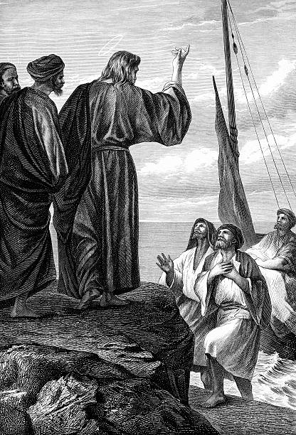Fishermen Leap From Boat to Join Jesus Christ This vintage engraving depicts fishermen leaping from a boat on the Sea of Galilee to meet Jesus Christ at the shore. This scene from the Bible was engraved after the artwork of Alexander Bida (1813 - 1895). It was published in an 1875 collection of artwork featuring Christ, and is now in the public domain. Digital restoration by Steven Wynn Photography. apostle worshipper stock illustrations