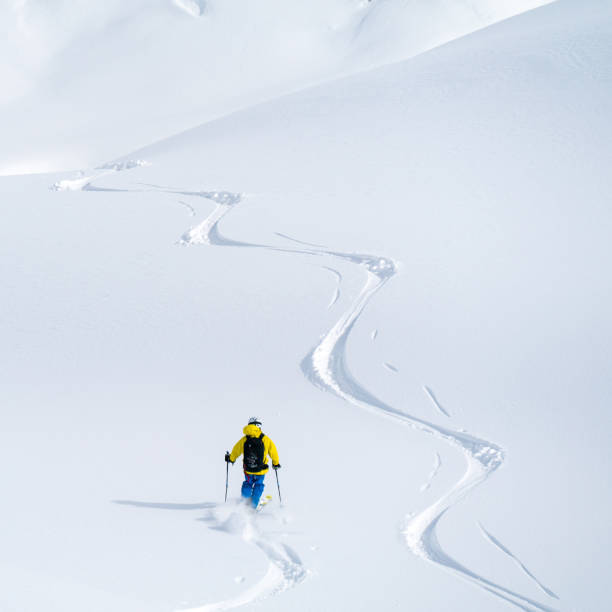 perspectiva de sobrecarga de un esquiador de polvo descendente pendiente prístina - powder snow ski ski track track fotografías e imágenes de stock