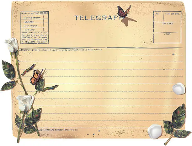 Vector illustration of Old Telegram and White Roses
