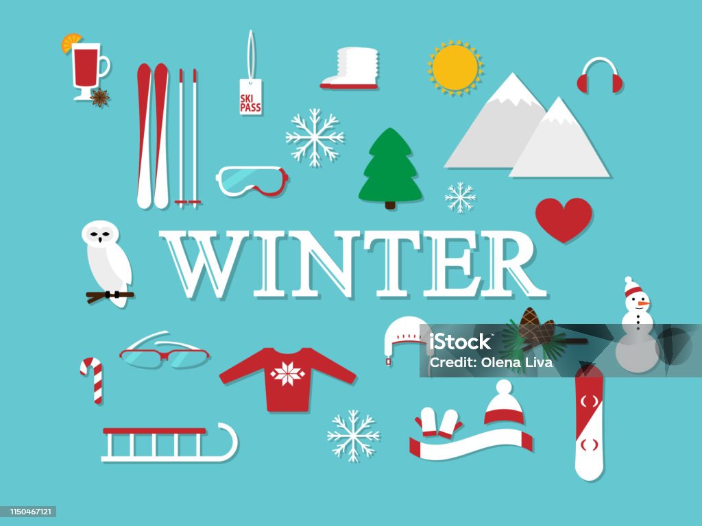 winter abstractr illustration with word "winter" and winter icons around vector card template Boot stock vector