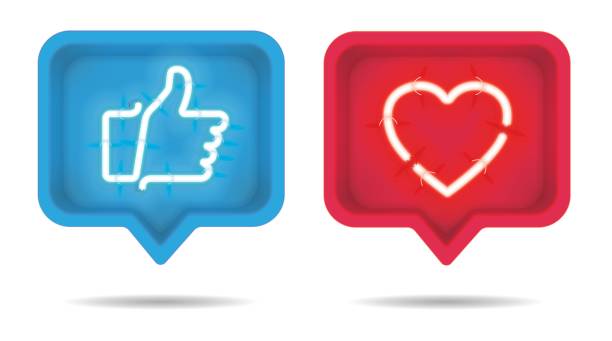 ilustrações de stock, clip art, desenhos animados e ícones de neon heart and thumb up, like with on and off tubes in 3d speech bubble, vector illustration - like sign