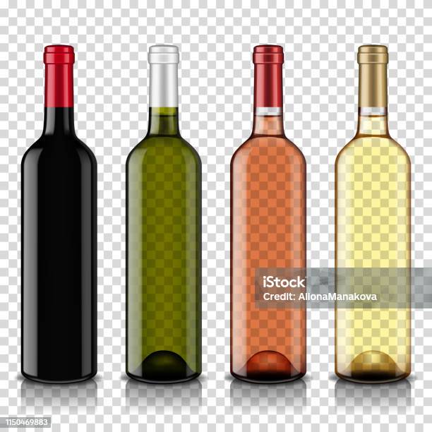 Wine Bottles Set Isolated On Transparent Background - Arte vetorial de stock e mais imagens de Garrafa de Vinho