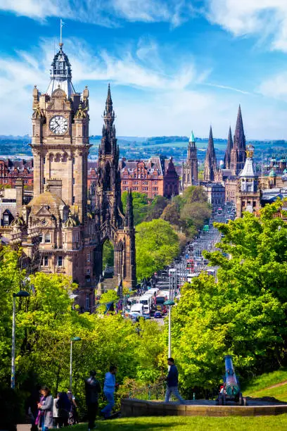 View from the Calton Hill on Princes Street in Edinburgh, Scotland, UK