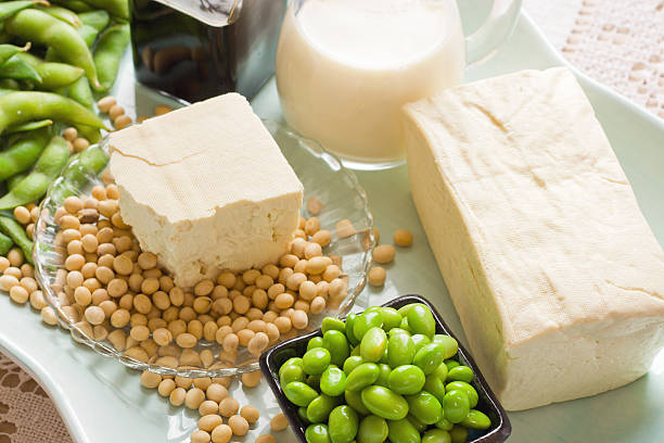 Soy Bean Food and Drink Products Photograph with Several Elements Soy Products. Soy Bean Food and Drink Products Photograph with Several Elements including loose bean,tofu, and soy milk. Full block of tofu.  Half block of tofu sitting on plate of loose soy beans. Green beans in black square bowl. Glass filled with soy milk. tofu photos stock pictures, royalty-free photos & images