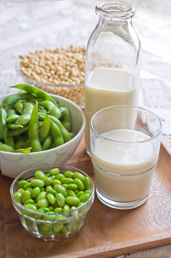 Concept image - Soy Milk, fresh & dry soybeans