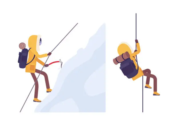 Vector illustration of Winter hiking woman mountaineering