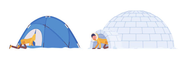 Winter hiking woman in a shelter Winter hiking woman in a shelter. Female tourist in tent and igloo, wearing bright jacket with attached hood, professional footwear. Vector flat style cartoon illustration isolated on white background houses in antarctica stock illustrations