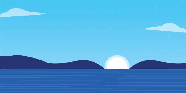 Vector illustration of Vector background of blue sea and full moon at night
