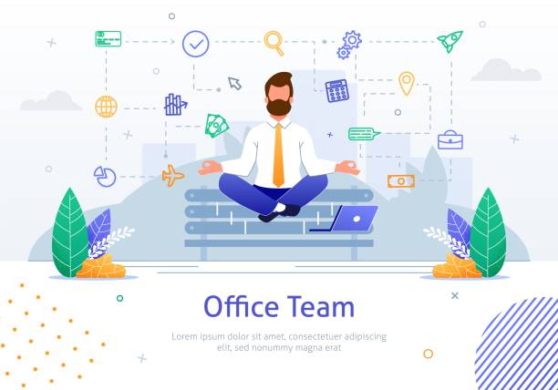 Businessman with Laptop in Formal Clothing Businessman with Laptop in Formal Clothing Doing Yoga Trying to Keep Calm and to Concentrate on Work Banner Vector Illustration. Male Character in Spiritual Zen Balance or Lotos Position on bench. positive negative slide stock illustrations